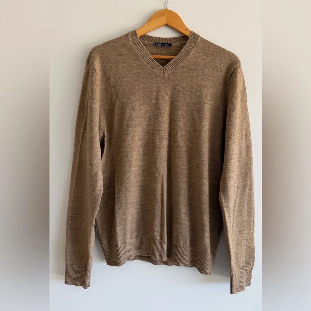 GAP Mens Merino Wool Sweater V Neck Brown Preppy Classic Minimalist Office L